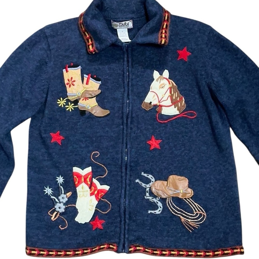 Tiara International Vintage Western Cowboy Zip Up Sweater